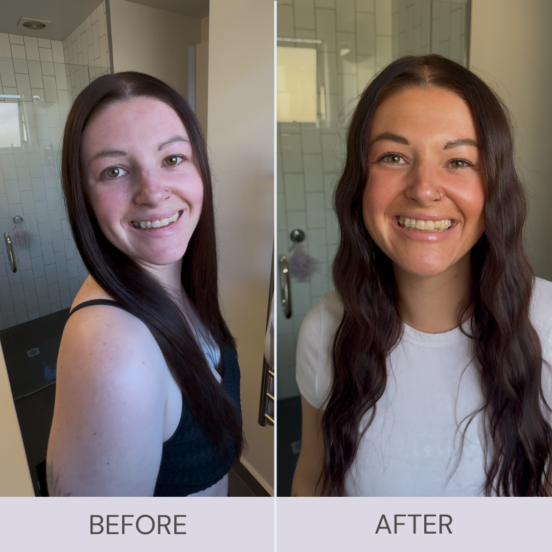 Before and after comparison of a woman with long dark hair in a bathroom setting showing face tanning results