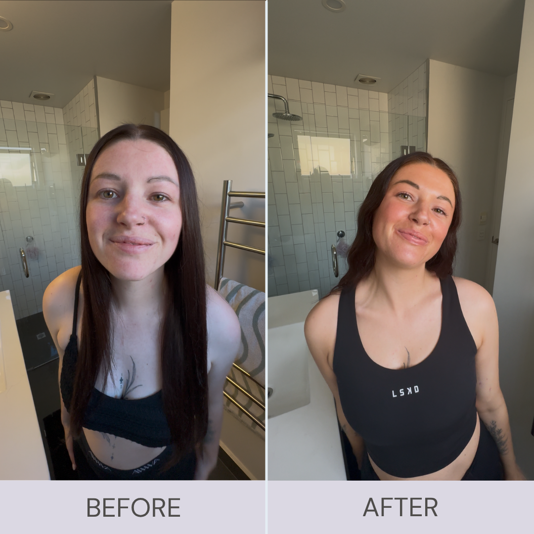Before and after comparison of a woman in a bathroom setting showing self tan results