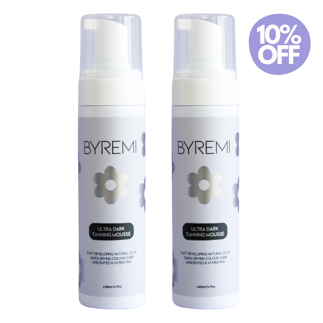 Two bottles of BYREMI Ultra Dark Tanning Mousse with a 10% off label on a white background.