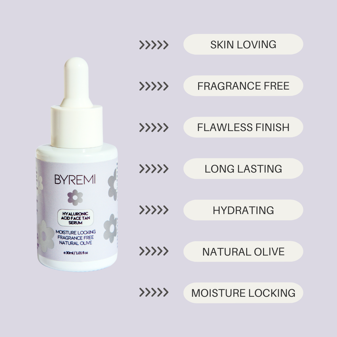 Product photo with benefits hyaluronic acid face tan serum