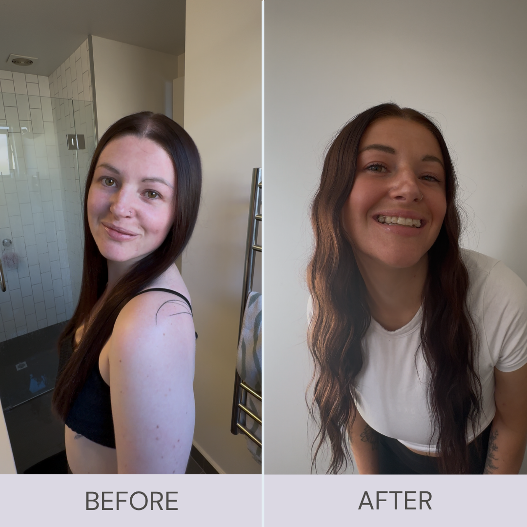 Before and after comparison of a woman with long hair in a bathroom setting self tanning