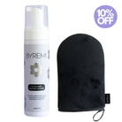 BYREMI tanning mousse bottle with black mitt on a white background