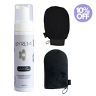 BYREMI tanning mousse bottle with black mitts and discount label on a white background