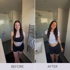 Before and after comparison of a woman in a bathroom setting showing BYREMI tanning before and after